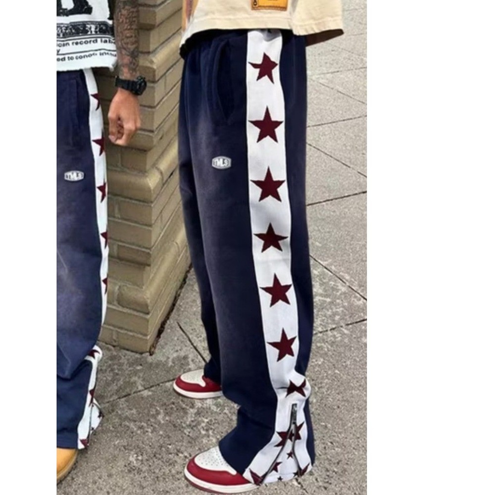 TMLS Sweatpants Womens Small Navy Blue Excellent Star Stripe Zipper Flare Jogger